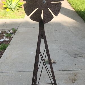 Rustic Metal Windmill Garden Art - Brown